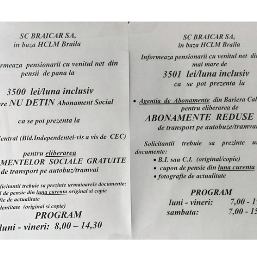 Abonamente sociale gratuite pentru pensionarii din Brăila