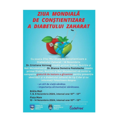 Campanie de testare gratuită a glicemiei la Brăila, cu ocazia Zilei Mondiale de Conștientizare a Diabetului