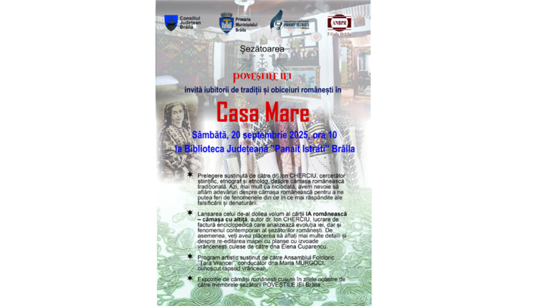 Brăilenii sunt invitați la șezătoarea „Poveștile IEI” cu lansare de carte și program artistic