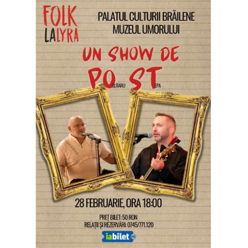 ȘOCURI legate de acestei titluri: "Folk la Lyra cu ”Un show de PO-ST”"

"Un nou spectacol "Mărțișoare muzicale" se va desfășura la Palatul Lyra din Brăila cu poeți si muzicieni celebri