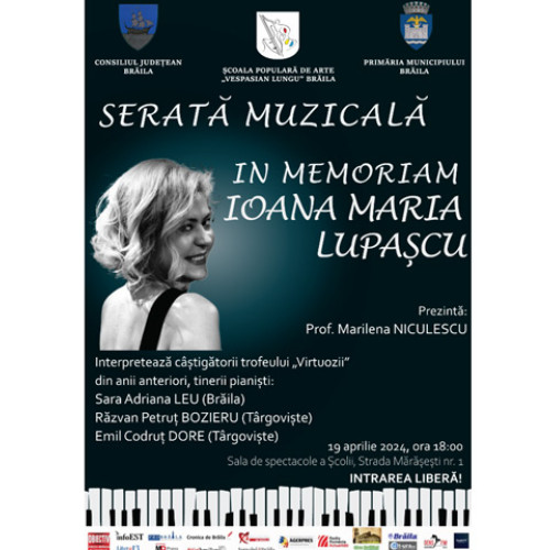 „In Memoriam - Ioana Maria Lupaşcu”. Serată muzicală de excepție la Școala de Arte „Vespasian Lungu”